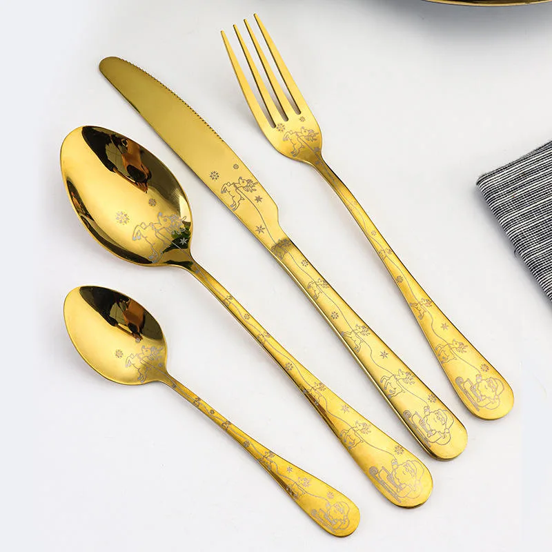 Stainless Steel Western Tableware Vacuum Titanium Plating Laser Christmas Western Knife Fork and Spoon Cutlery Set